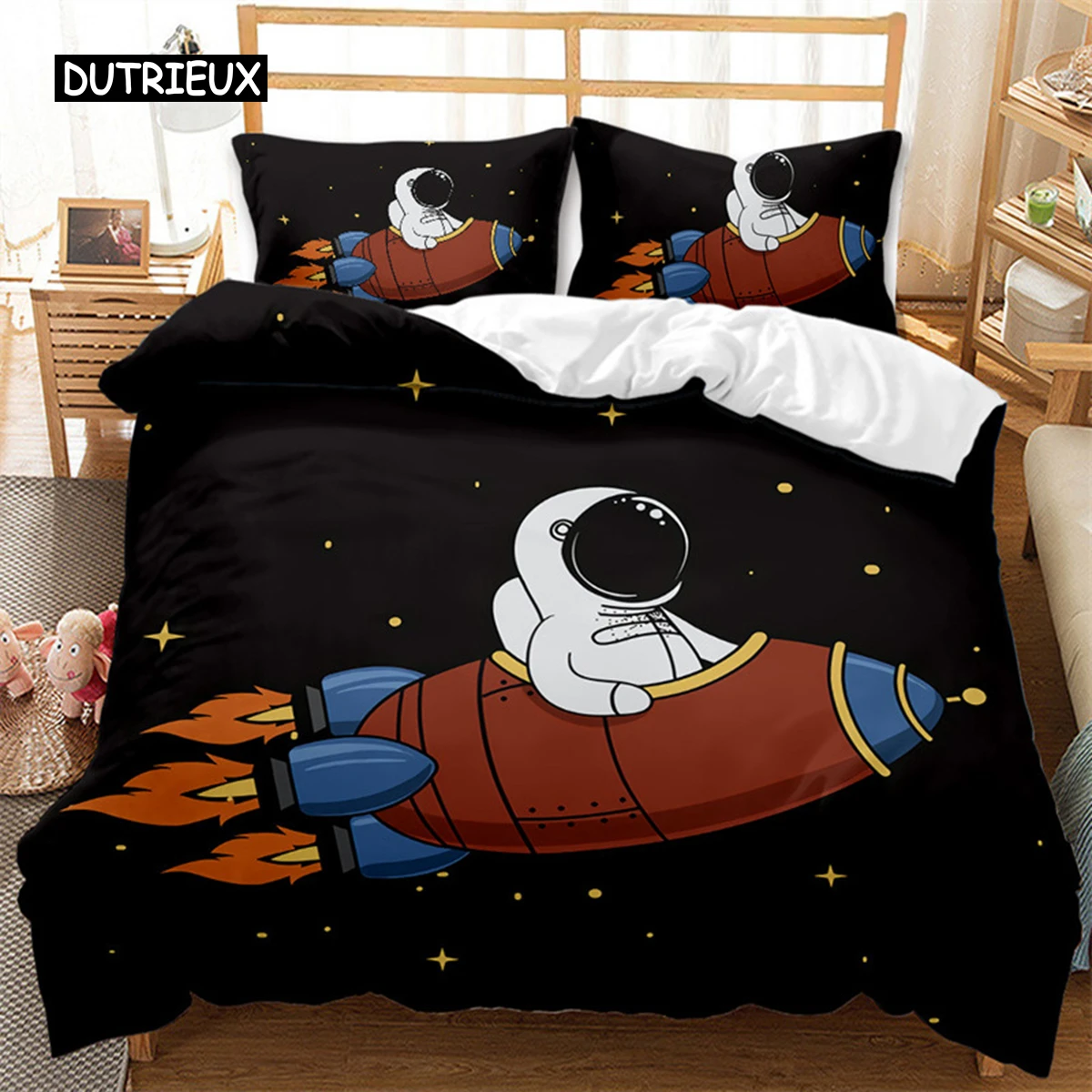 

Astronaut Duvet Cover Space Adventure Bedding Set Microfiber Rocket Ship Planets Stars Quilt Cover Twin Full King For Boys Teens