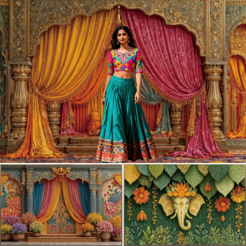 

Indian Religious Marigold Flowers Family Celebration Backdrop Green Leaves Curtains Traditional Wedding Photography Backgroud