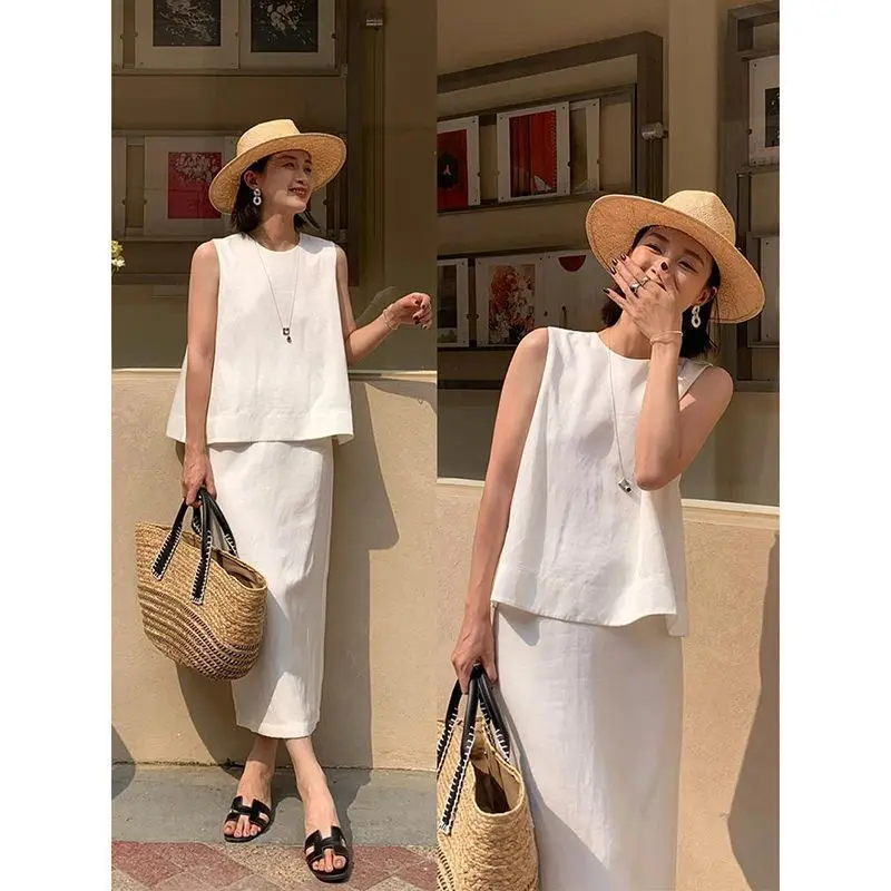 French White Sleeveless Top Set For Women, 2026 Summer New Style, Old Money Style Loose Half Skirt Two-Piece Set
