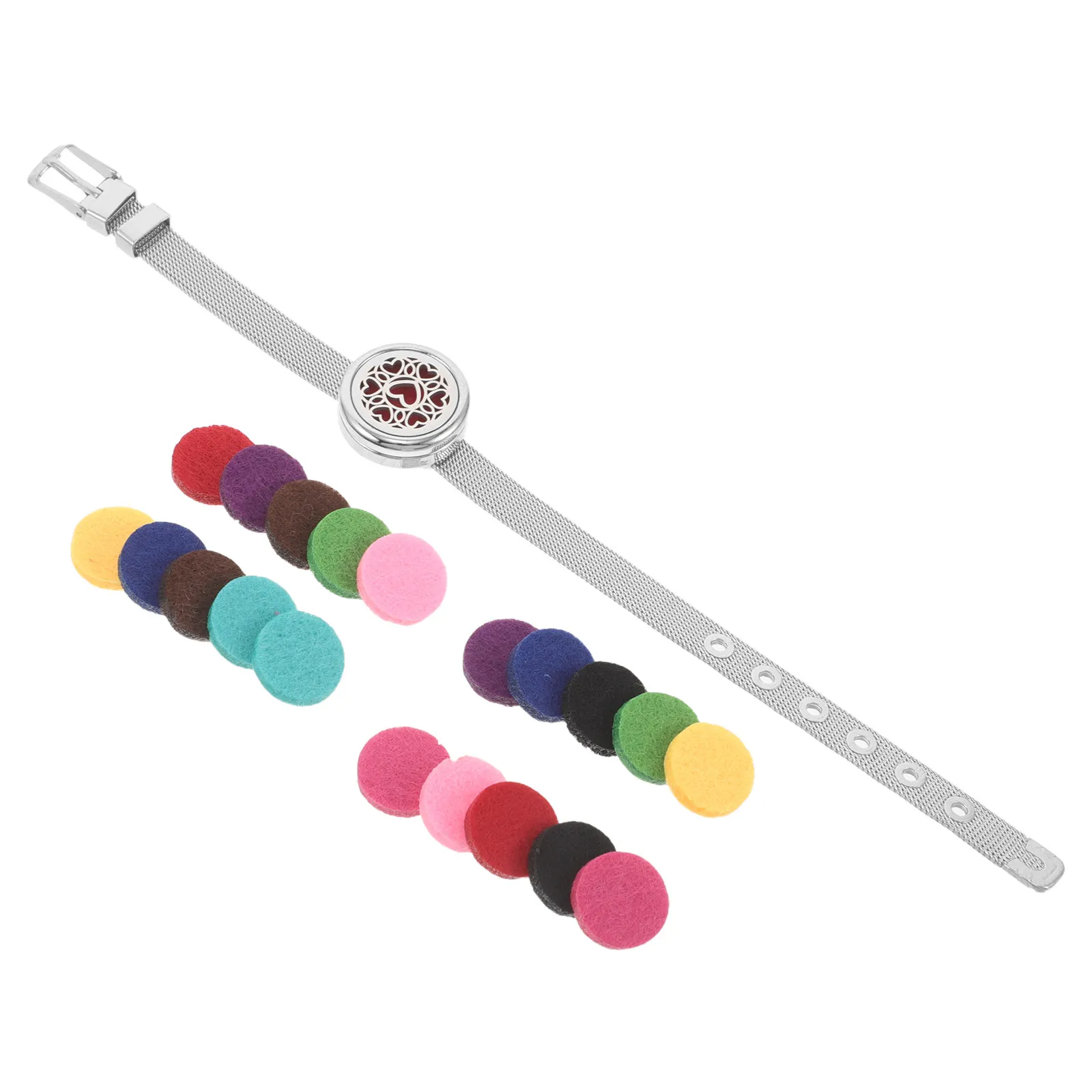 

Набор: Ароматерапевтический браслет из нержавеющей стали, регулируемый, с диффузором для эфирных масел, многоразовыми ароматическими подушечками и парфюмерным кулоном для женщин