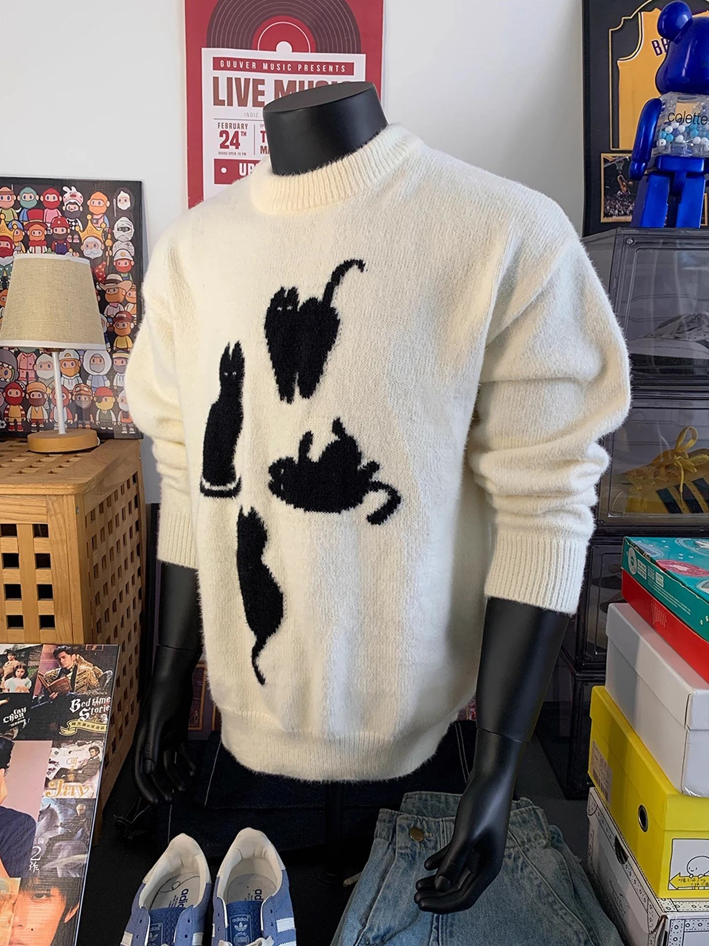 

Cartoon Loose Casual Knitted Sweater Men's Autumn Winter Faion Brand American Retro Lazy Sle Polyester Nylon Blend