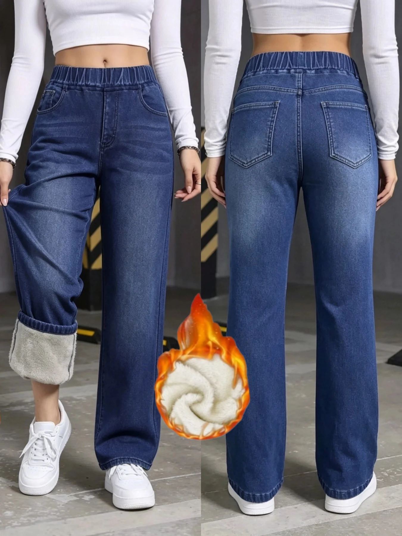Women's Winter Fleece Lined Warm Jeans High Waist Elastic Wide Leg Dark Blue Washed Pants