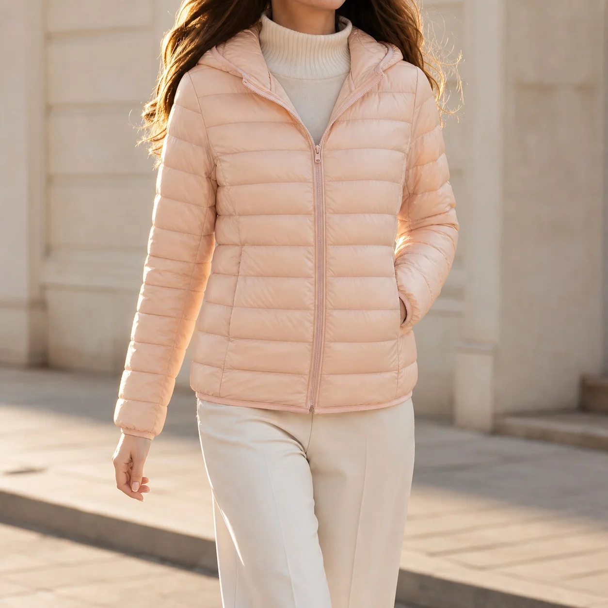 Women's Winter Korean Style Lightweight Slim Fit Hooded Short Jacket Winter Female Solid Color Zipper Closure Long Sleeve