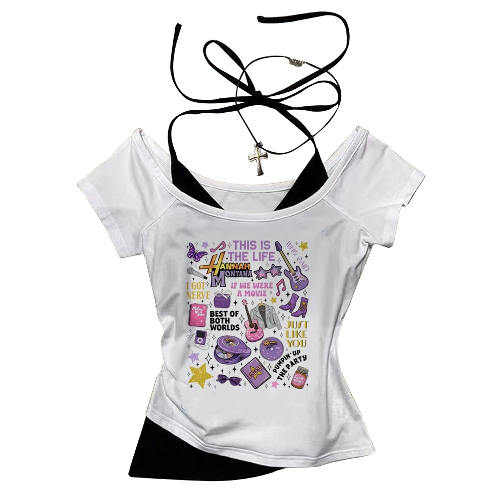 Hannah Montana cropped top women japan gothic japanese t shirt 2000s party korean fashion gyaru