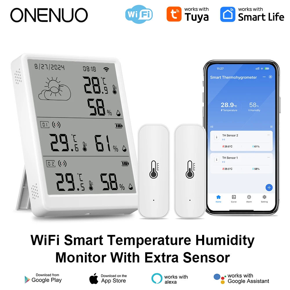 Tuya WiFi+RF433 Temperature And Humidity Sensor Sets Screen Display Monitor Main Sub devices Kits Works With Alexa Google Home