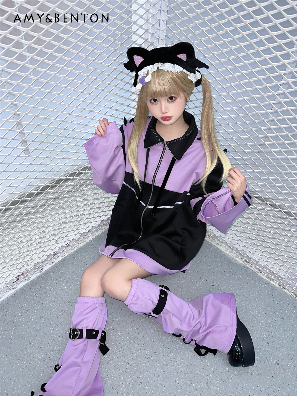 Original Japanese Mine Mass-Produced Water Color Detachable Long Sleeve Patchwork Hoodie Pleated Skirt Goth Two-Piece Sets Women