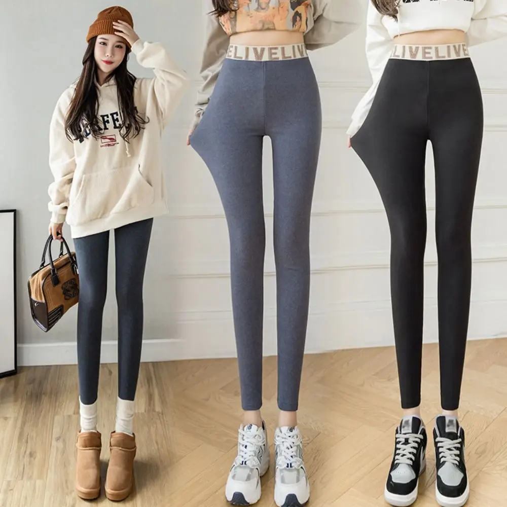 Fashion Letter Women Leggings Thickened Slim Fit Long Pants Autumn Winter Warm Fleece Pants