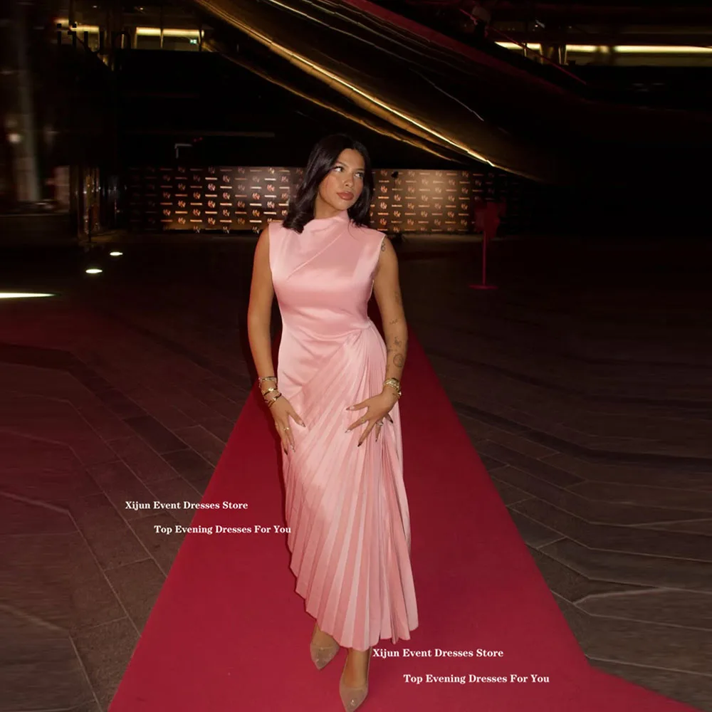 

Xijun Elegant Pink Evening Dresses Ruched Sleeveless A-Line Long Prom Dresses HIgh Collar Simple Dubai Prom Gowns Customized