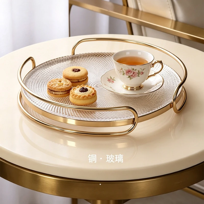 Round Brass Serving Tray with Handles for Room Coffee Table Countertop for Jewelry Cup Coaster Organizer Minimalist Home Decor
