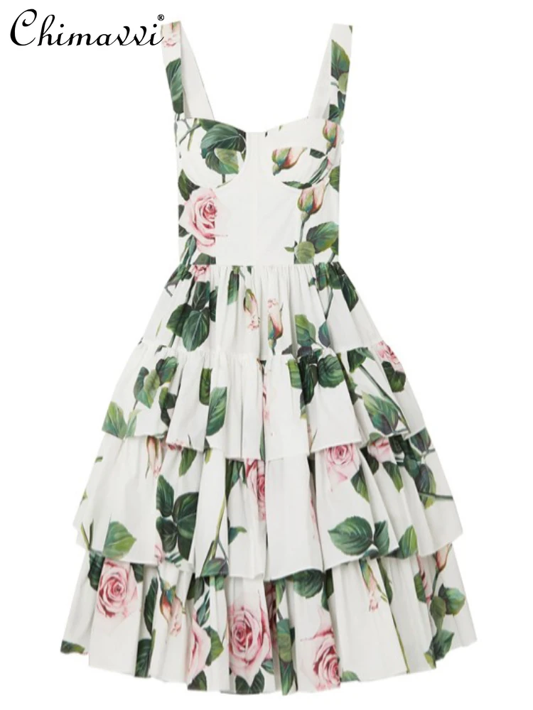 

Heavy White Hepburn Floral Dress for Women 2025 Autumn High-End Fashion Printed French Style Elegant Cake Slim Party Strap Dress