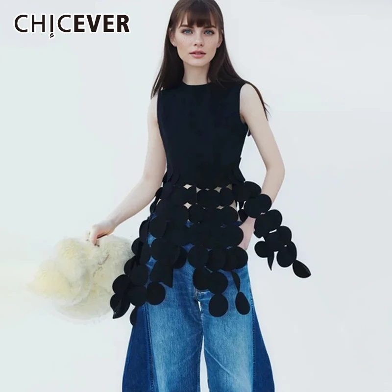 

CHICEVER Patchwork Tassel Vest For Women Round Neck Sleeveless Off Shoulder Slimming Irregular Folds Solid Summer Tops Female