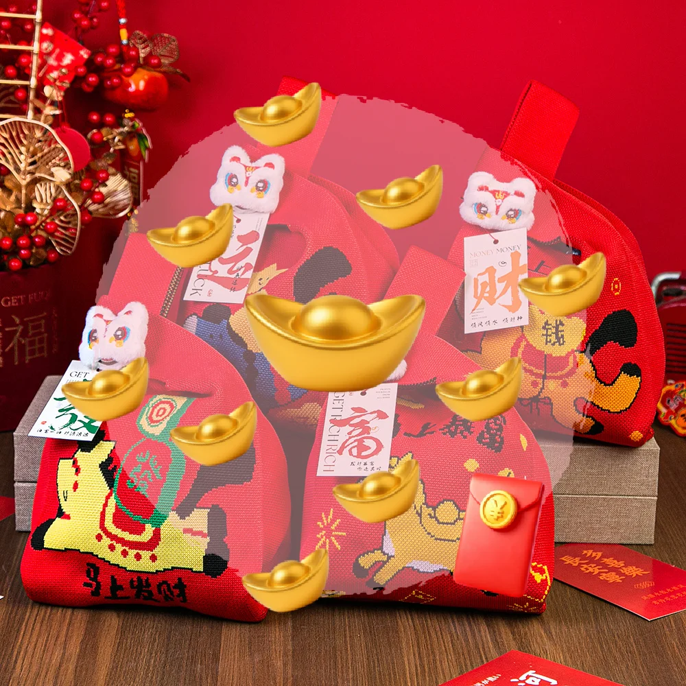 

Year Of The Horse Red Knot Wrist Handbag Cartoon Mascot Pony Knitted Candy Tote Bag Reusable Shopping Bag Gift Packaging Bag