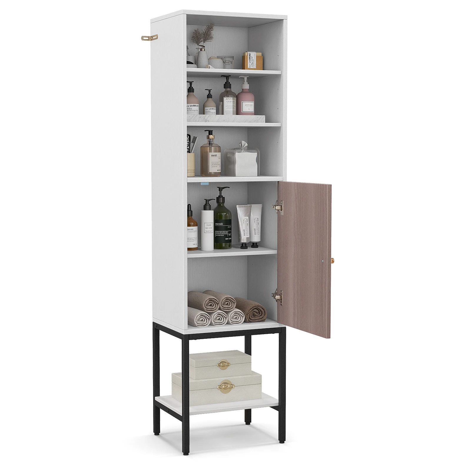 GOFLAME Freestanding Storage Cabinet, Tall Pantry Cupboard w/ 3 Open Shelves, Single-door Cabinet, Anti-tipping Kit