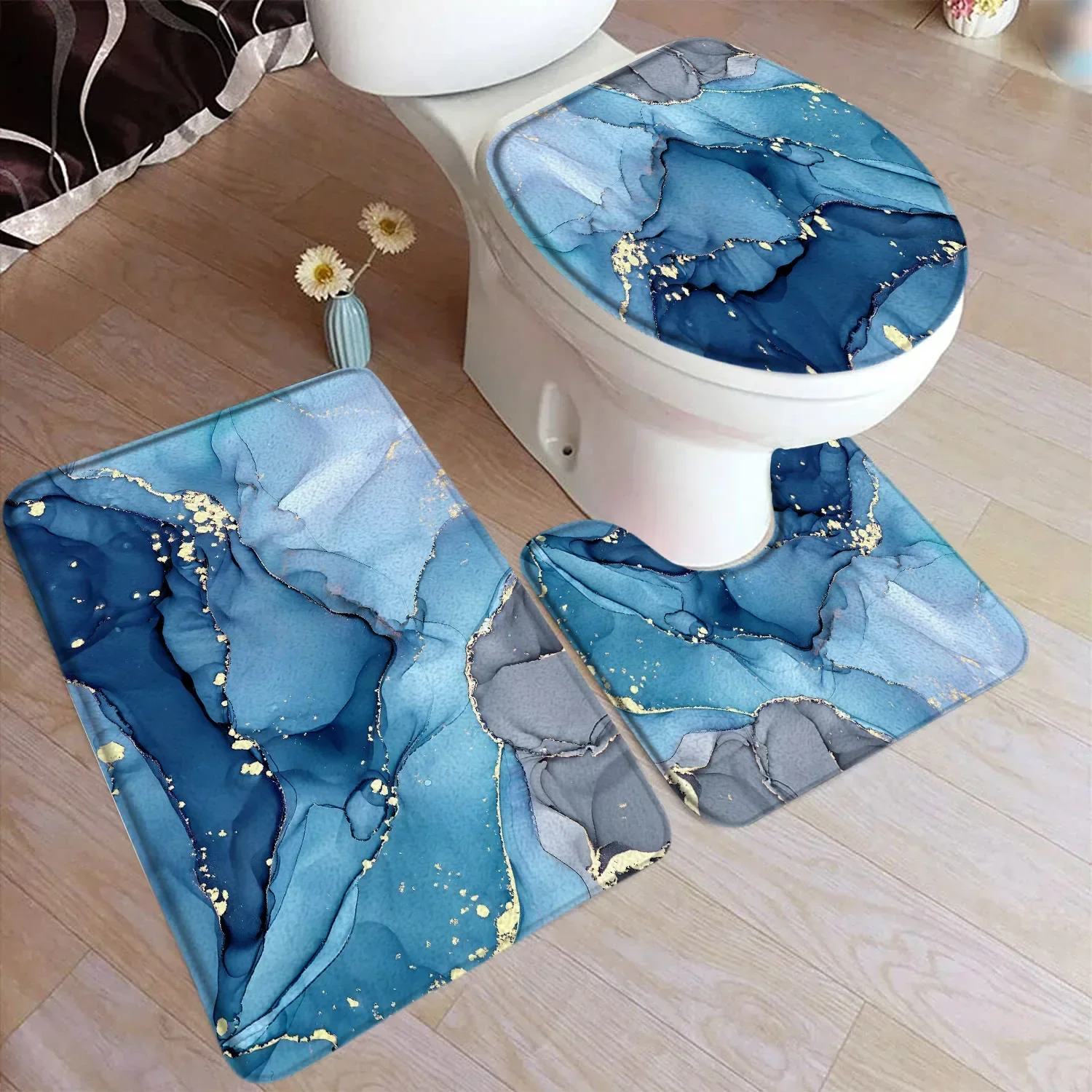 Abstract Turquoise Marble Bath Mat Set Modern Ink Art Textured Pattern Home Carpet Bathroom Decor Floor Rugs Toilet Lid Cover