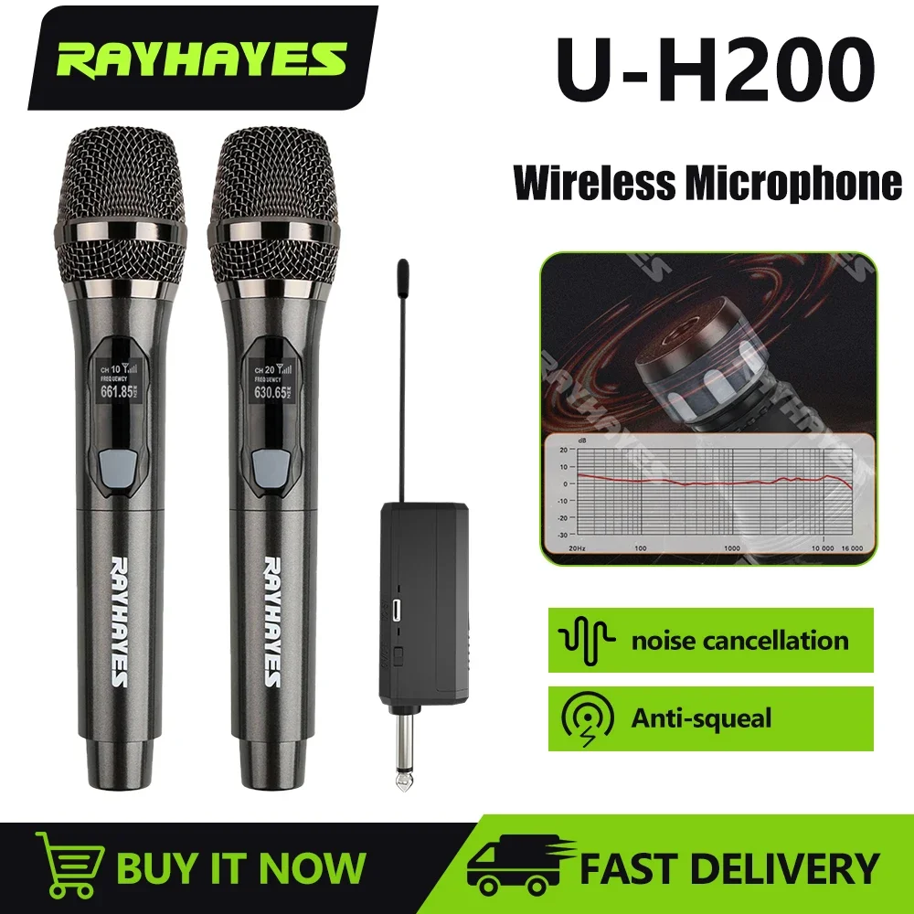 RAYHAYES 2 Channels UHF Wireless Microphone Portable Professional Handheld Mic Micphone DJ Karaoke Church Work Wedding U-H200