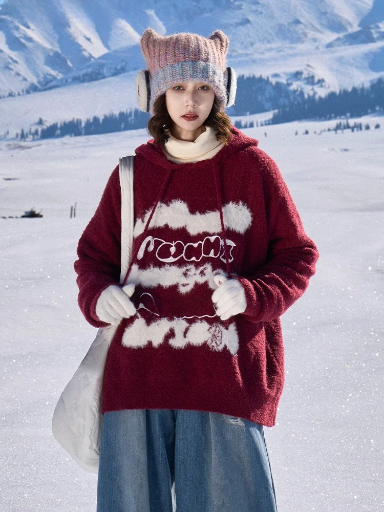 

Maood New Year Sle Hooded Knitwear Faux Fur Garden Streetwear Loose Fit Long Sve Thiened Winter Women's Sweater