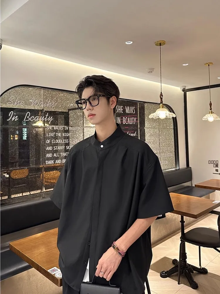 

New Chinese Style Men's Short Sleeve Shirt Ice Silk Drapey Stand Collar Sun Protection Outerwear Standard Fit Youth Fashion S...