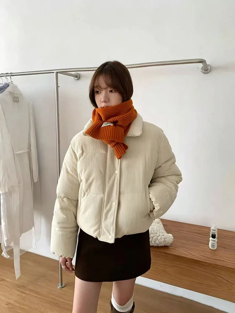 Vintage Corduroy Puffer Coats for Women Winter Thick Warm Lapel Parkas Y2K Korean Loose Preppy All Match Crop Puffer Coat