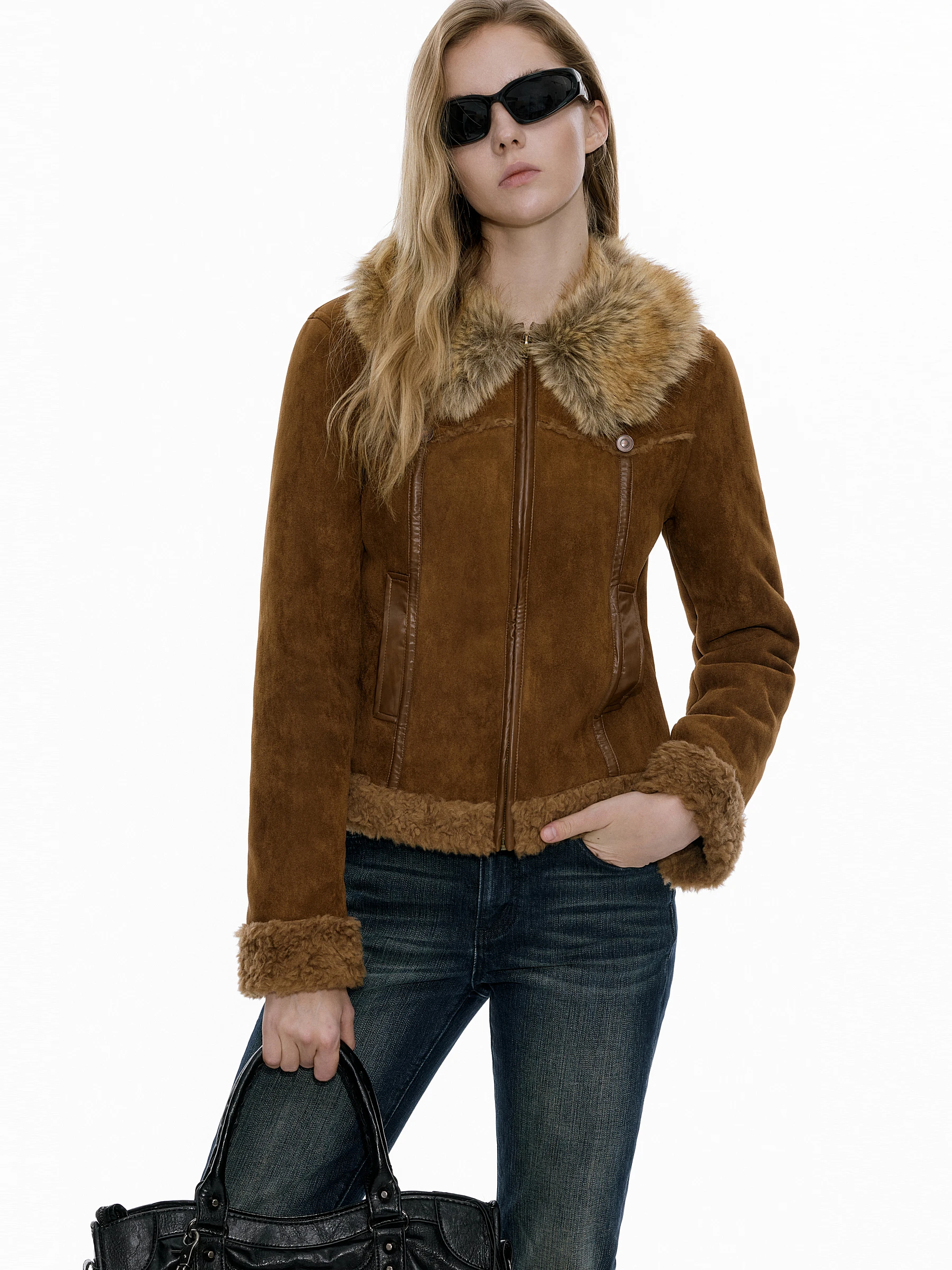 AYF 取り外し可能な毛皮の襟革と毛皮一体型ショートジャケットヴィンテージスタイルの女性のアウターウェア冬オリジナルデザイン