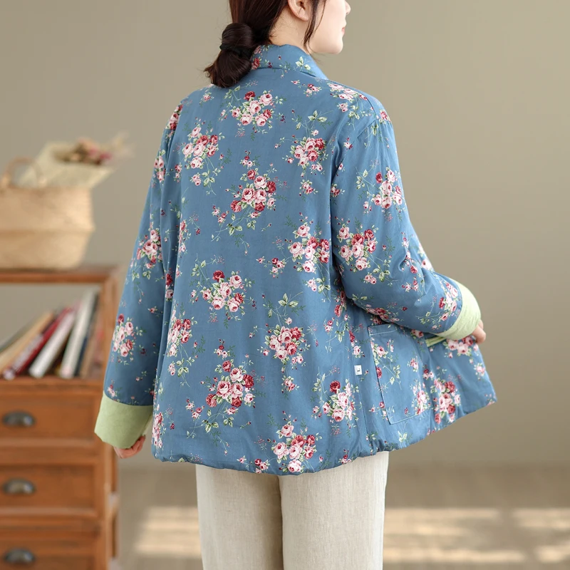 Thiened Warm Loose Large Size Cotton Jaet New Chinese Sle Floral Cotton Coat Autumn Winter New Arrival Faionable Commute