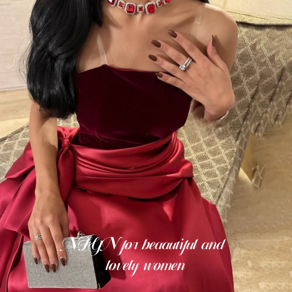 NFYN الأحمر عودة زيبر فساتين لحضور الحفلات الموسيقية بدون حمالات بلا أكمام ثوب رسمي الساتان ألف خط ثلاثية الأبعاد القوس فساتين السهرة حفلة Fساتين مخصصة #2