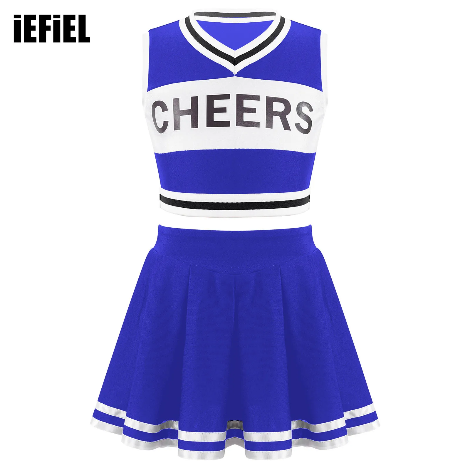 

Kids Girls Cheerleading Printed Contrast Color Set Sleeveless V Neck Crop Top with Pleated Skirt for Dance Performance