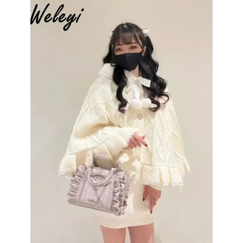 Lolita Shawl Jirai Kei Girl Sweet Sweater Cloak Coat Autumn New Japanese Kawaii Cute Women\'s Doll Neck Glutinous Knitted Capes