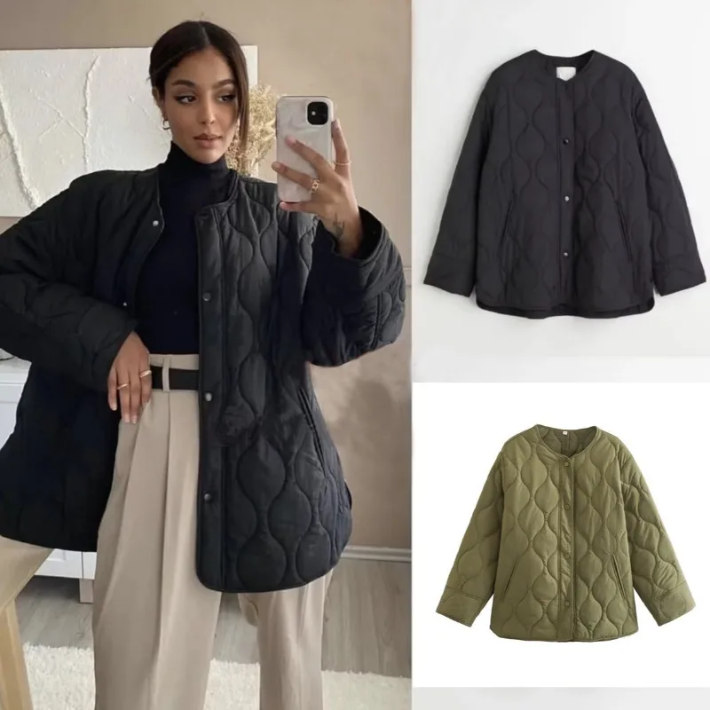 Autumn Winter Women Quilted Jacket Warm Cotton Coat Long Sleeve Parkas Button Windbreaker Jacket Solid O-neck Women's Clothing