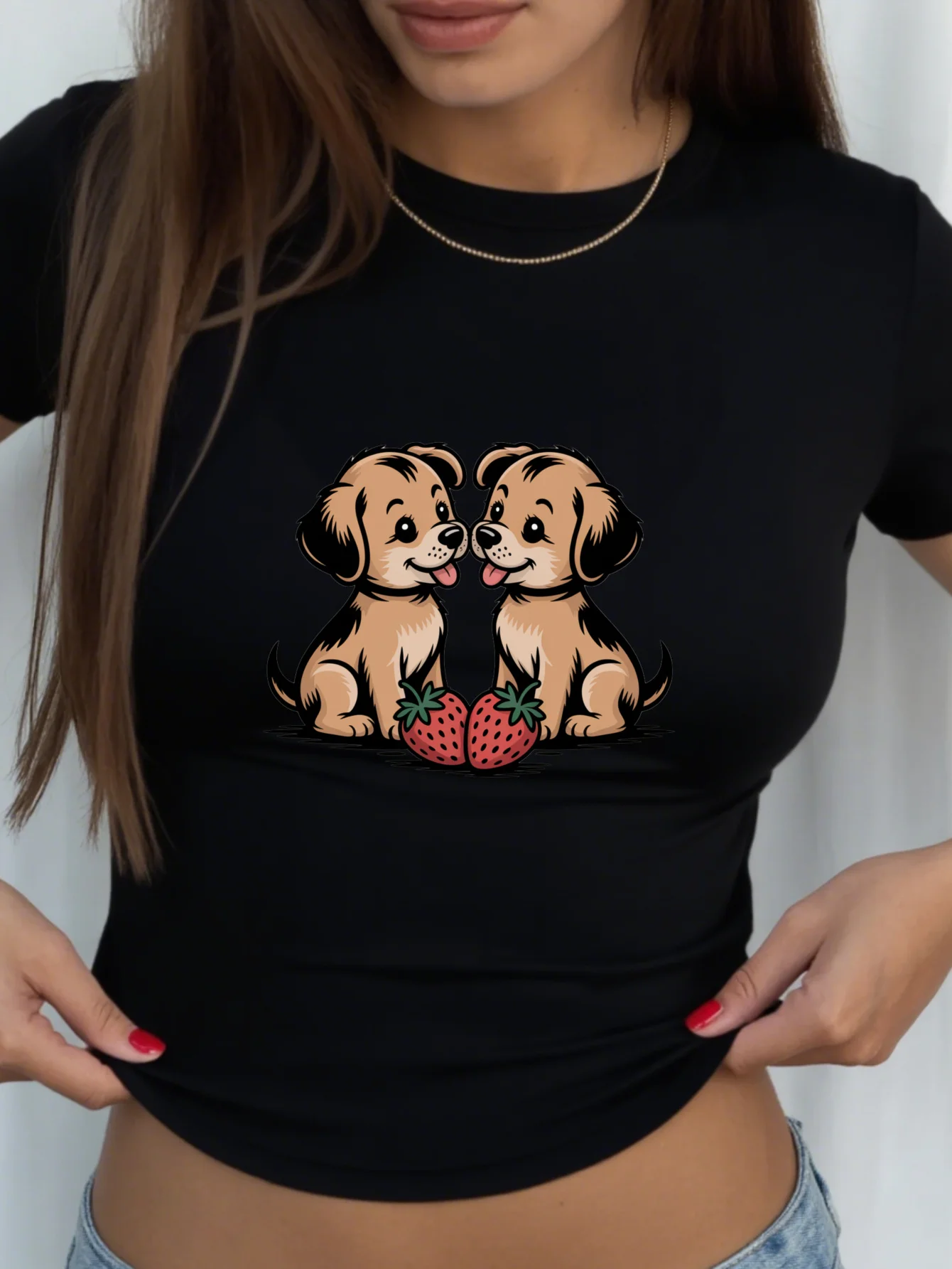 Women's Cute Puppy Strawberry Print Crop Top Slim Short Sleeve Round Neck Casual Summer Sale Top Geometric Pattern Minimalist