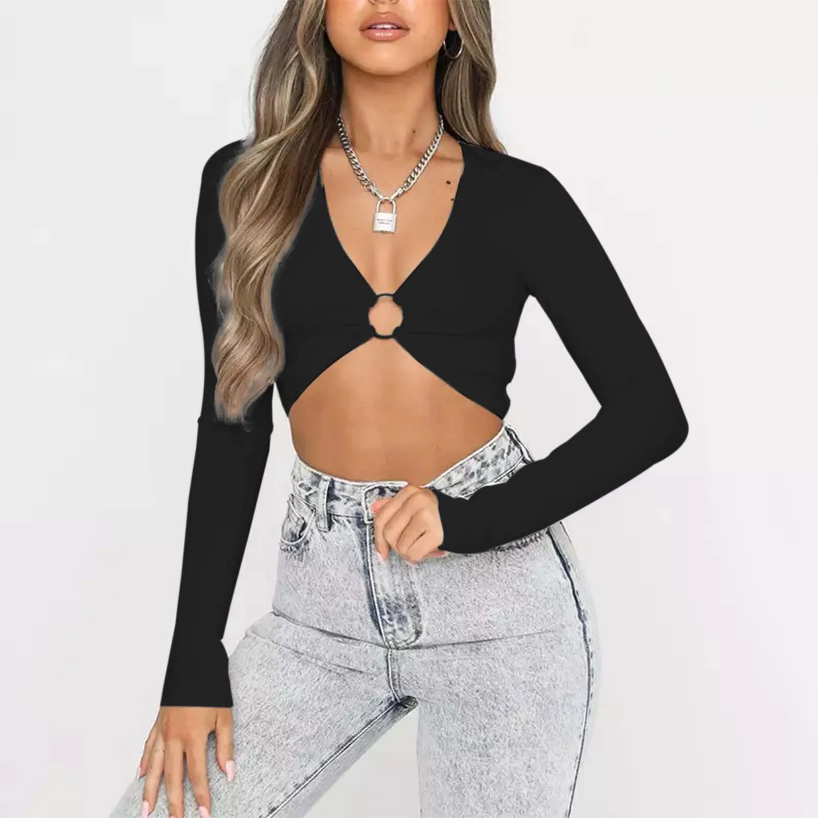 Fashion Summer Short Tops For Women Sexy Deep V-Neck Long Sleeve Solid Color Crop Top Ladies Hollow Ring Exposed Navel T-Shirt