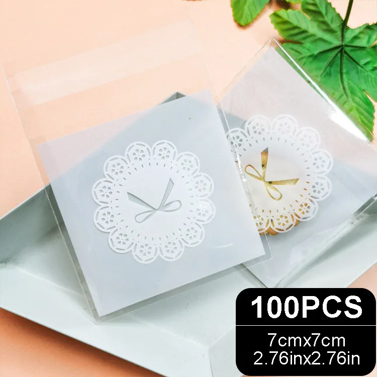 100pcs White Bow Pattern Self Adhesive Bags,Clear Plastic Bag For Cookie, Cake, Chocolate, Candy, Snack Wrapping