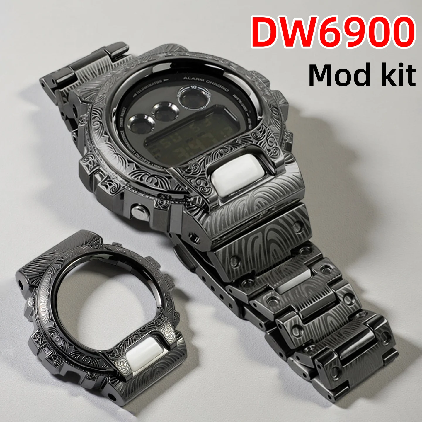 DW6900 Engraved Metal Watch Case Strap for Casio G-Shock DW-6900 Modified Stainless Steel Bezel Band, Watch Replacement Parts