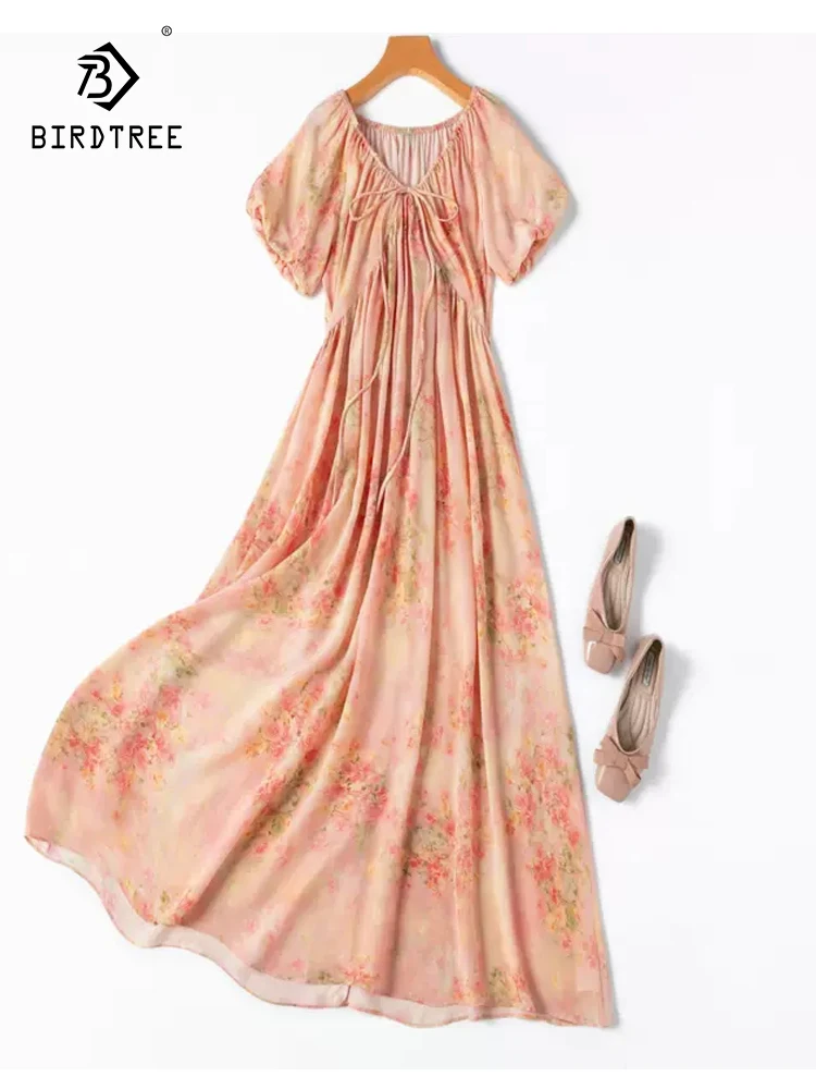 

BirdTree, 100%Real Silk Elegant Dress, Women Short Sleeve Oil Painting, Vacation Party OL Dresses, 2024 Summer Autumn D46001QC