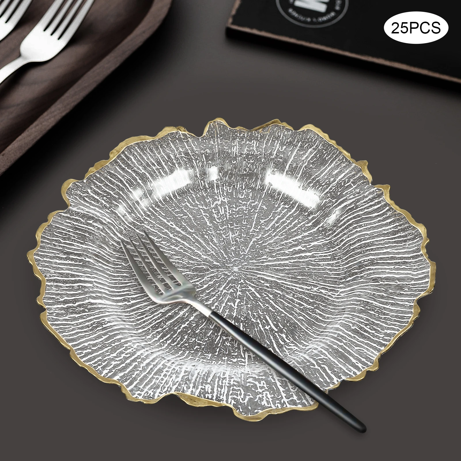 

25 шт. прозрачные золотые тарелки с цветочным принтом, настольные обеденные тарелки, горячее тиснение, прочные, легко чистящиеся для семейной вечеринки, бизнеса