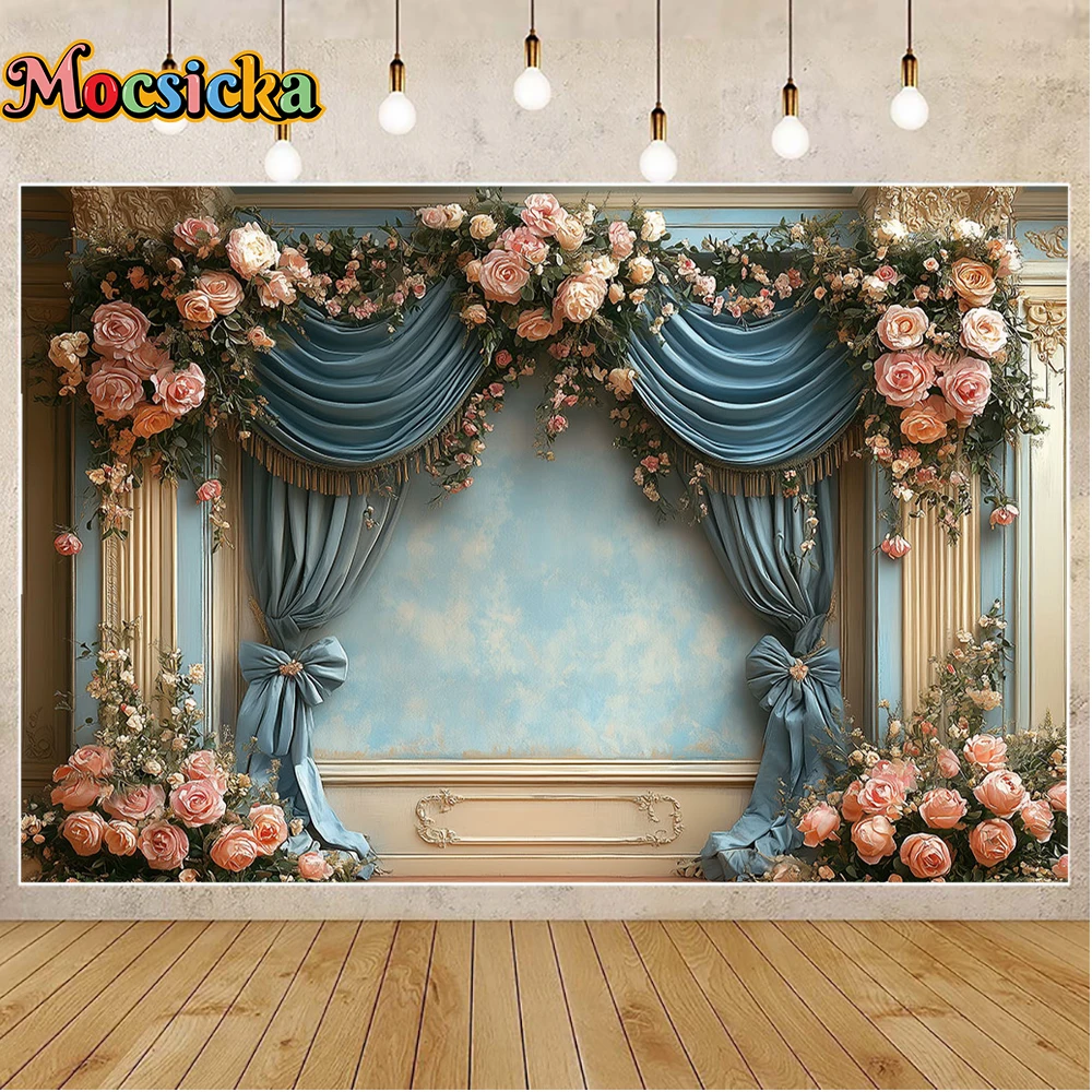 خلفية تصوير على شكل قوس وردي من Mocsicka، أرضية حجرية رمادية فاتحة، إضاءة سينمائية واقعية، خلفية صورة استوديو باستيل ناعمة