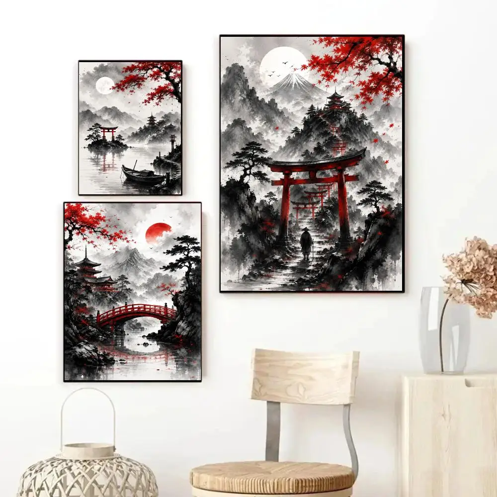 Japanese Ink Red Maple Mountain Torii Poster Art HD Advanced Aesthetic Printing Paper Wall Art for Living Room Home Decor