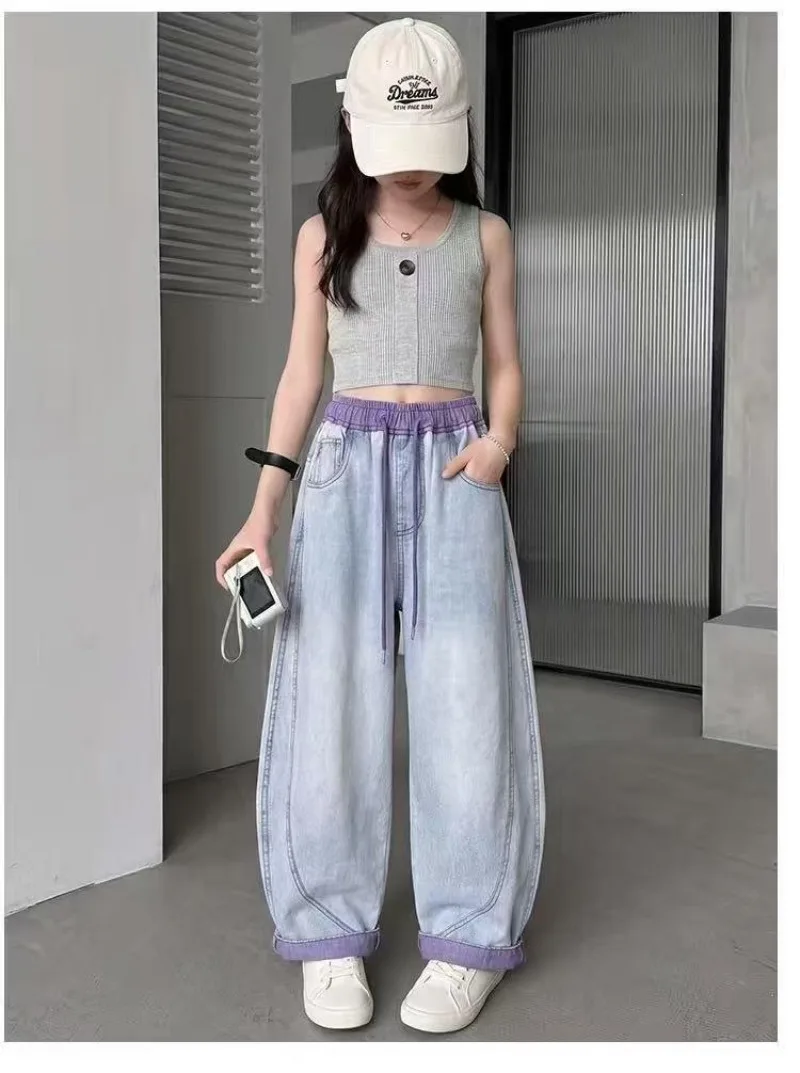 UNITIM 4-14 Jahre Mädchen-Jeans, Sommer, dünn, atmungsaktiv, für Kinder, Mädchen, Denim-Hose, lässig, gespleißt, für Junior-Mädchen, Hose mit weitem Bein – Detail 12