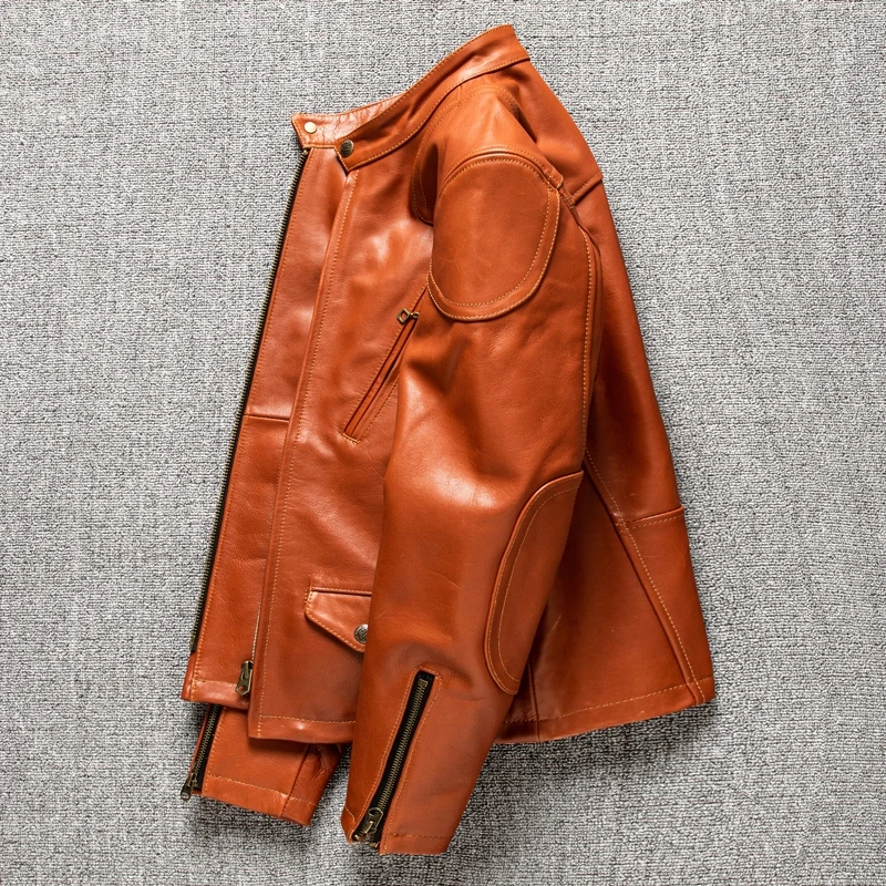 Orange Spring Leather Jacket Men Plus Size 5XL Punk Style Natural Horsehide Stand Collar Slim Fit Short Genuine Leather Coats