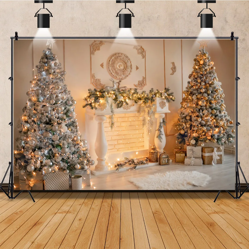 Winter Interior Christmas Background Photography Xmas Tree Wreath Fireplace Decor Backdrop Children Portrait Studio Photo Props