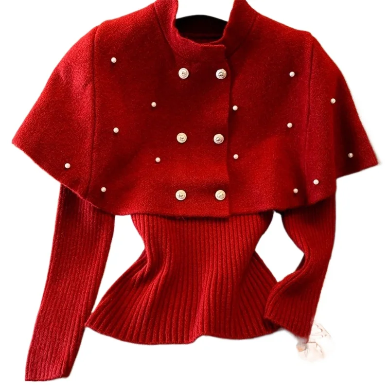 

2025 французский плащ, свитер с длинными рукавами, женская мода, двубортные свитера, осень-зима, новый пуловер, шаль, топ, женский