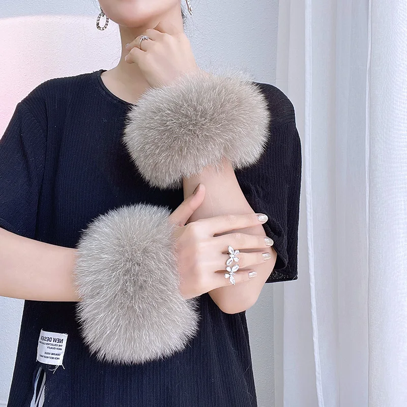 Winter Natural 100% Real Fox Fur Cuff Ring Women Sweater Down Coat Sleeve Keep Warm Decorate Wristband Genuine Solid Bracelet