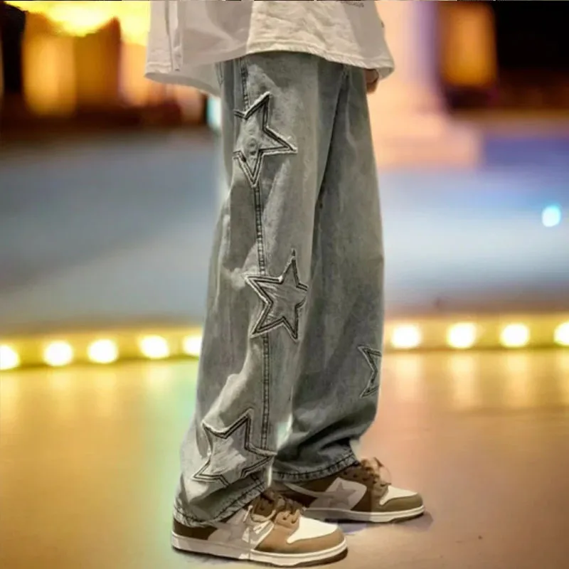جينز مستقيم مطرز على شكل نجمة للرجال غير رسمي Y2K على الطراز القوطي للجنسين بنطال فضفاض واسع الساق مريح ملابس الشارع جينز أنيق للشباب #1