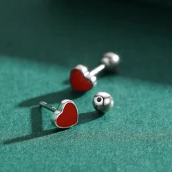 Pure 925 Sterling Silver Red Enamel Heart Screw Stud Earrings for Women Girls Korean Piercing Earring Engagement Party Jewelry