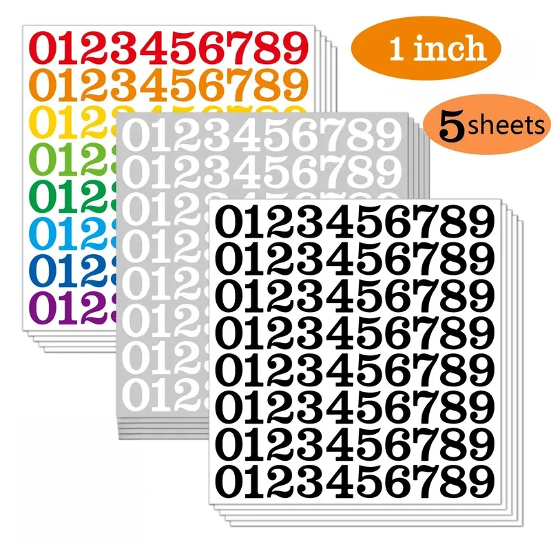 5 Sheets Arabic Number Stickers 1 Inch Number Stickers Waterproof Vinyl Self-adhesive Removable Office Home Cup Decoration Lable