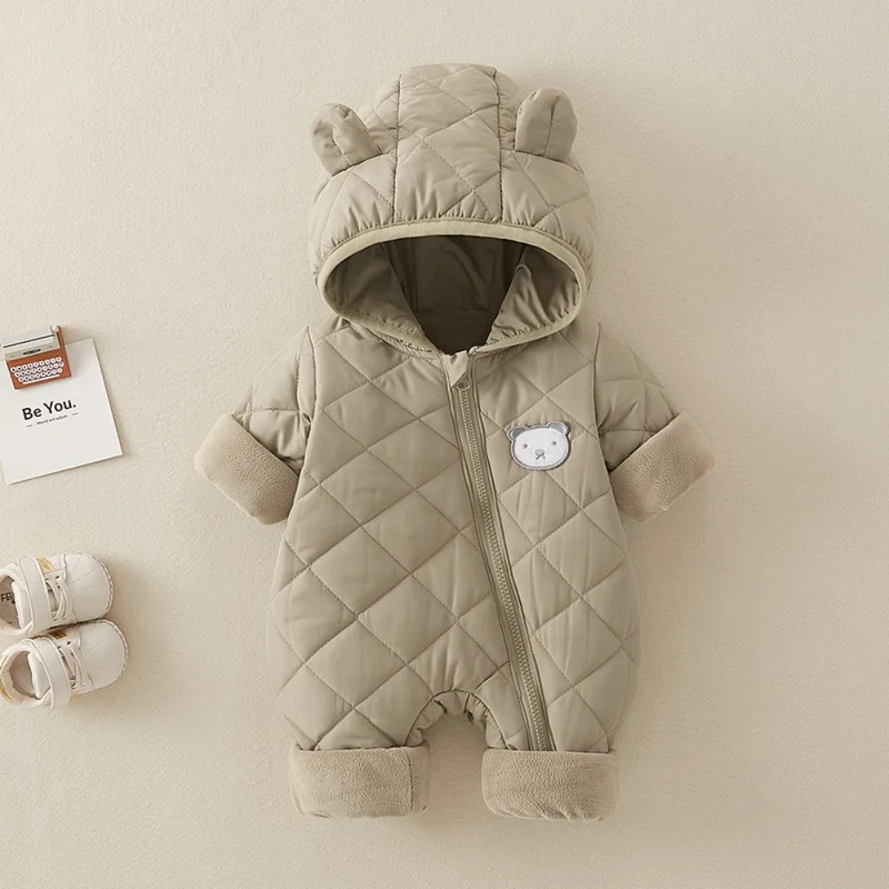AYNIGIELL Late Autumn Early Winter Baby Jumpsuit Thick Warm Infant Hooded Inside Fleece Rompers Newborn Cotton-padded Clothes