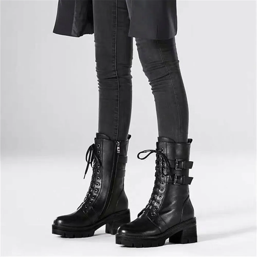 New women\'s Autumn Winter Plush Motorcycle Boots Female Thick Heel Mid Calf Student  British Style Korean Buckle Leather Shoes