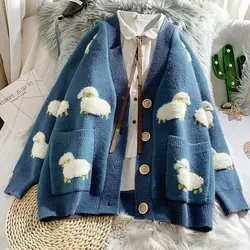 Women's Autumn Cardigan Spring Winter Knit Tops Female Loose Sweater Coat Cute Cartoon Sheep Printing V-neck Sweet Jacket