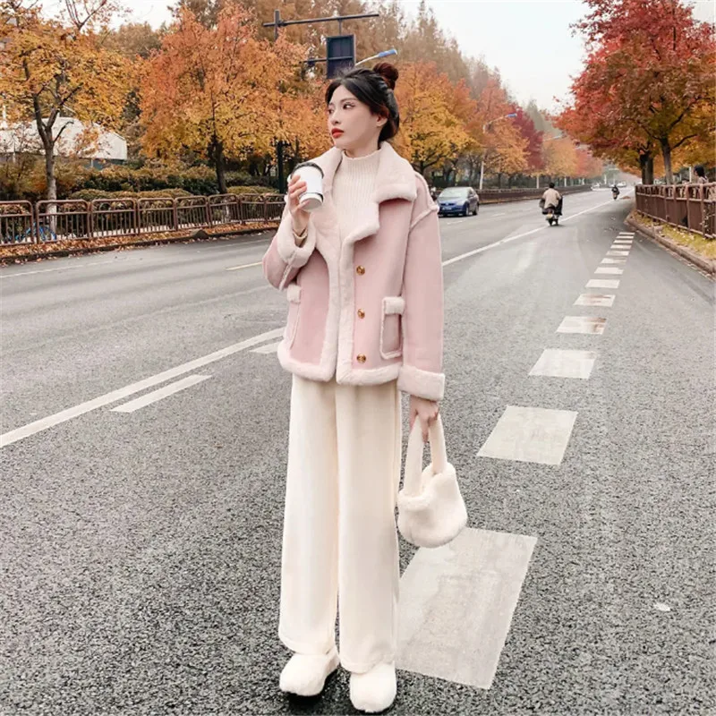 Autumn Winter Fur Integration Coat Women 2023 New Fur Collar Splicing Jacket Pure Colour  Single-Breasted Outerwear Female