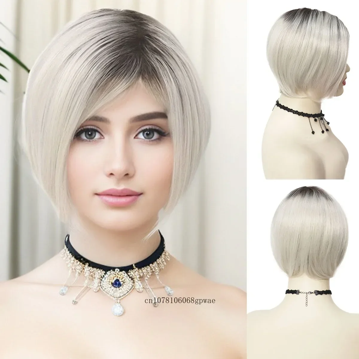 

Synthetic Ombre Platinum Wigs for Women Short Bob Straight Dark Root Wig with Bangs Heat Resistant Fiber Daily Costume Party