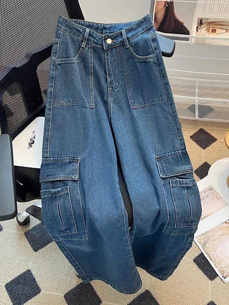 

American Jeans Solid Color High Waist Loose Multi Pocket Wide Leg Pantsfashion Vintage Design Casual Loose 2025 Women's Clothing
